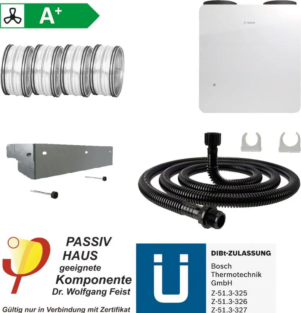 Bosch Lüftungssystem mit mehreren Lüftungsschläuchen, Wandkonsolen, einem Anschlussrohr und Montagezubehör, geeignet für Wohnräume.